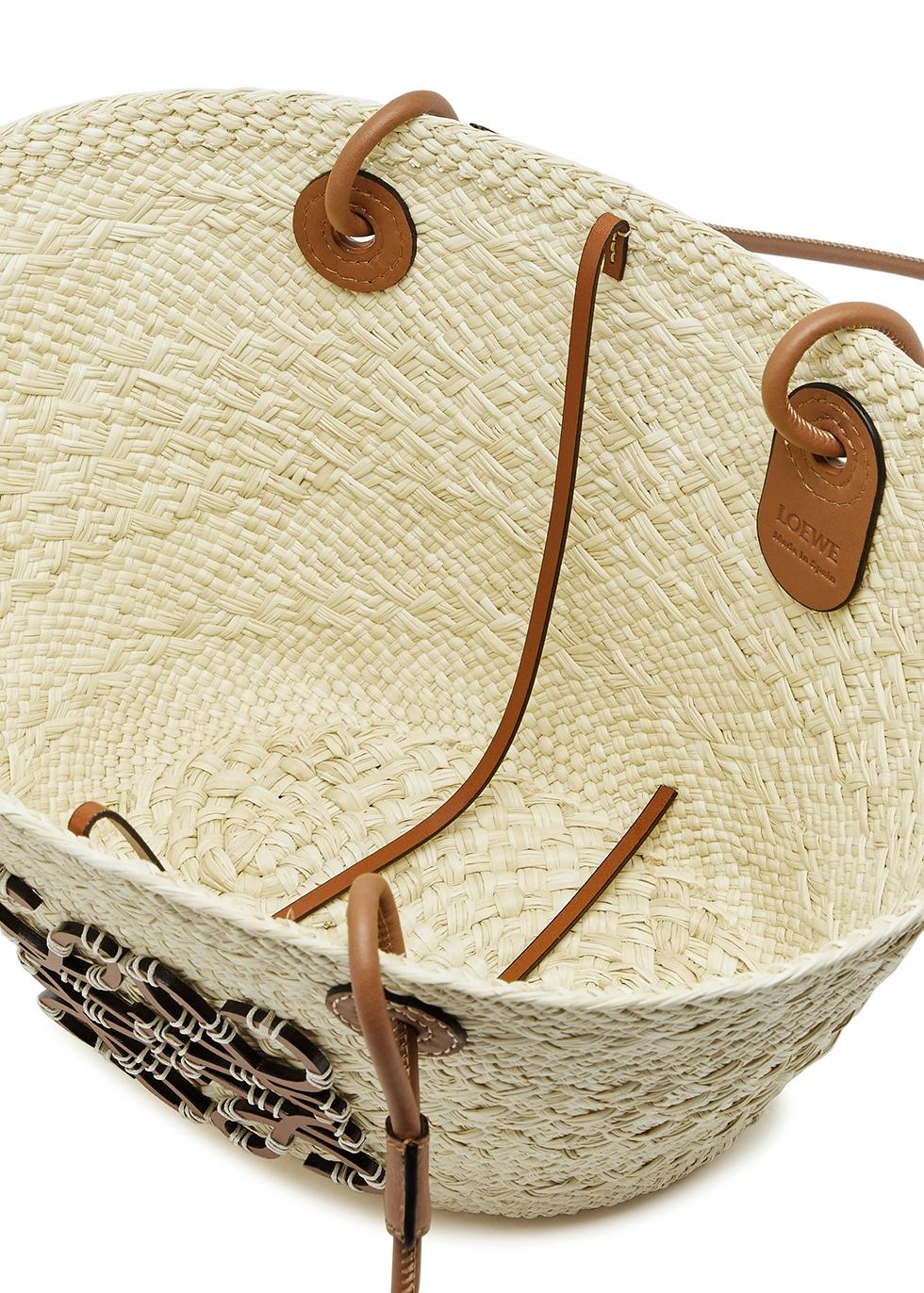 Loewe Beige/Brown Woven Raffia and Leather Small Anagram Basket