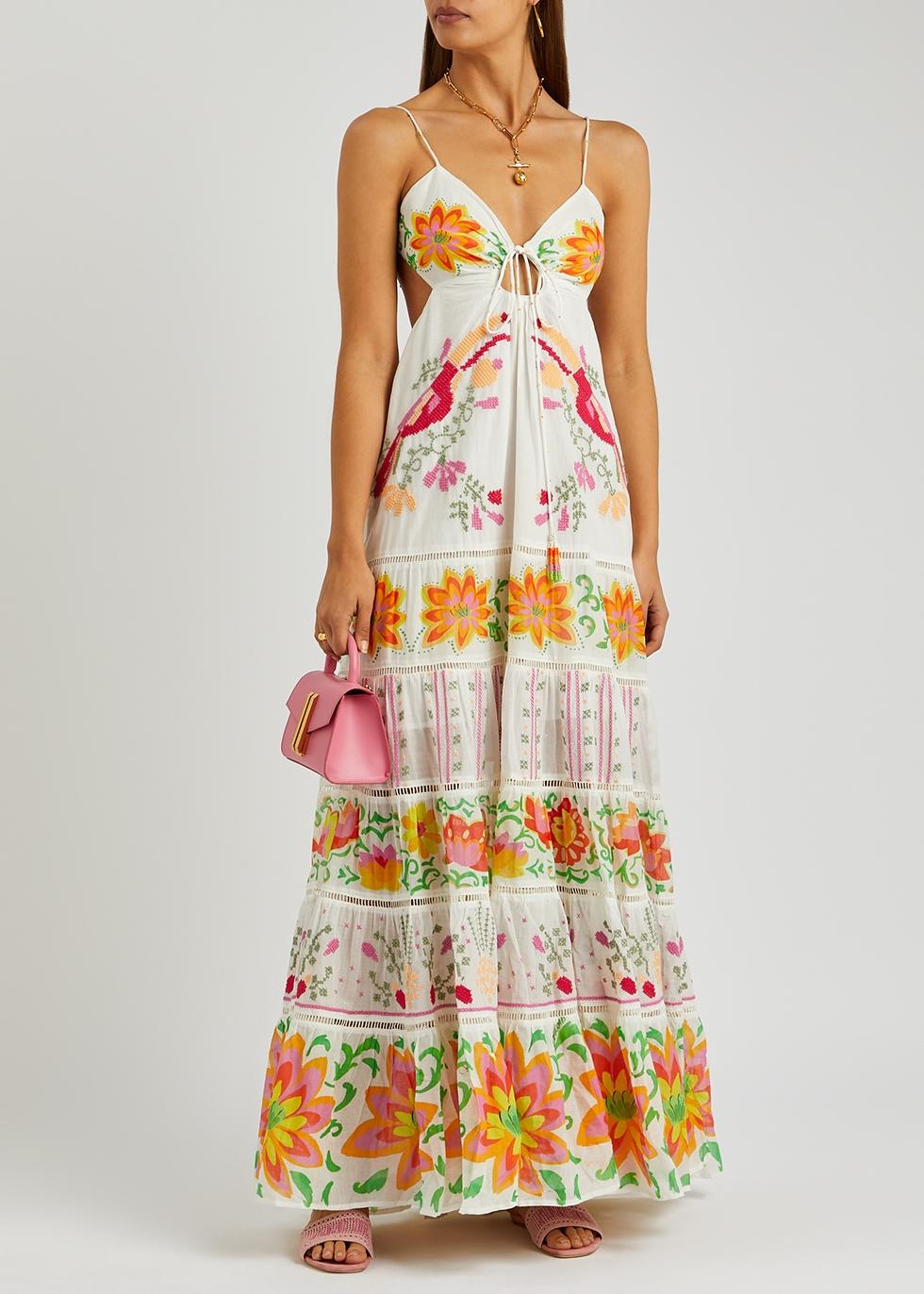 red mixed neon floral maxi dress Jennifer Floral Organza Midi Dress - Red/combo