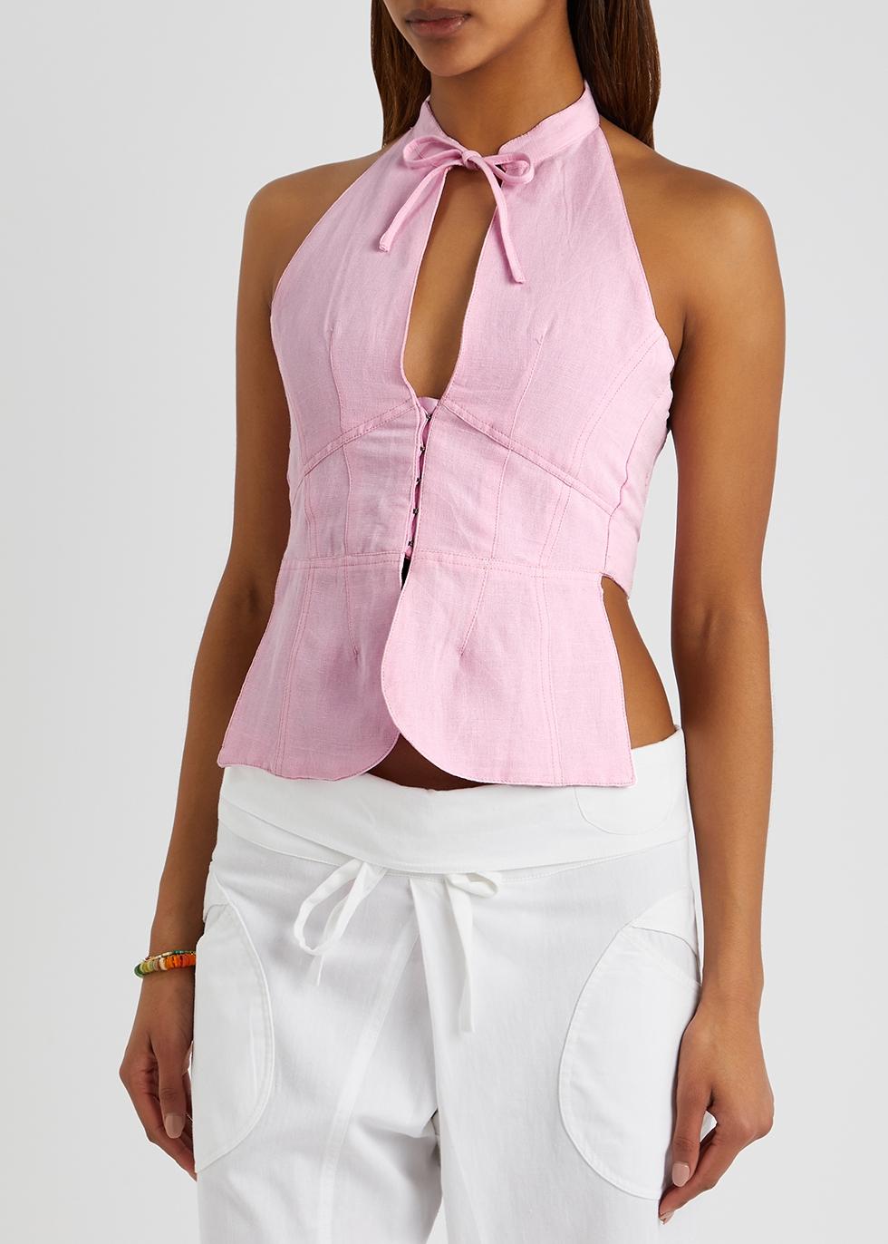 GIMAGUAS Ring Halterneck Linen-blend Top in Pink | Lyst
