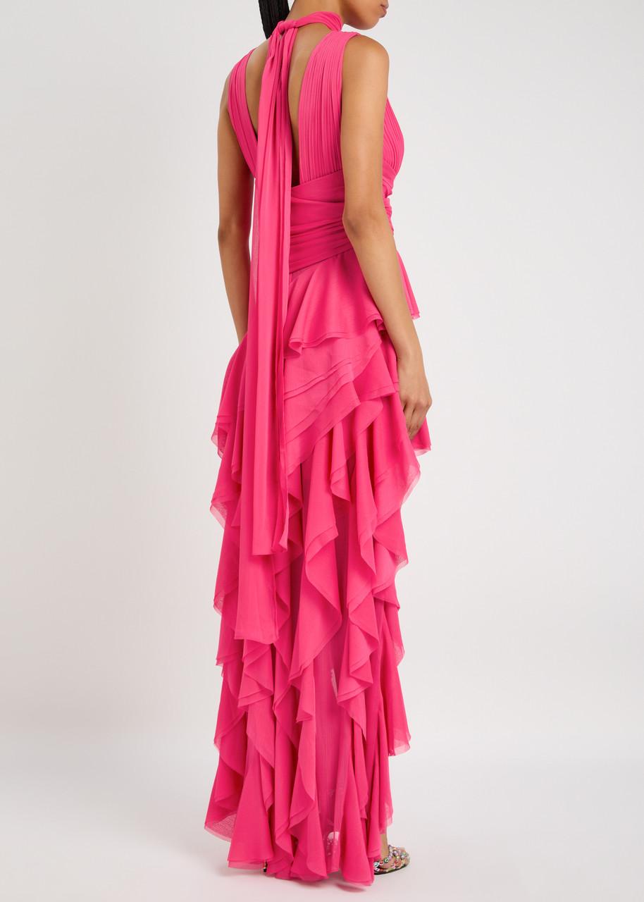 holly asymmetric ruffle maxi dress Embellished Halter Neck Ruffle Maxi Dress in Red - 10