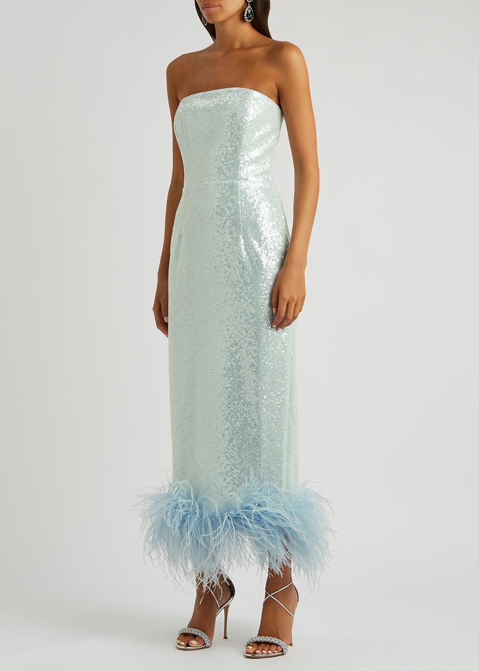 16Arlington Minelli Blue Feather-trimmed Sequin Midi Dress | Lyst