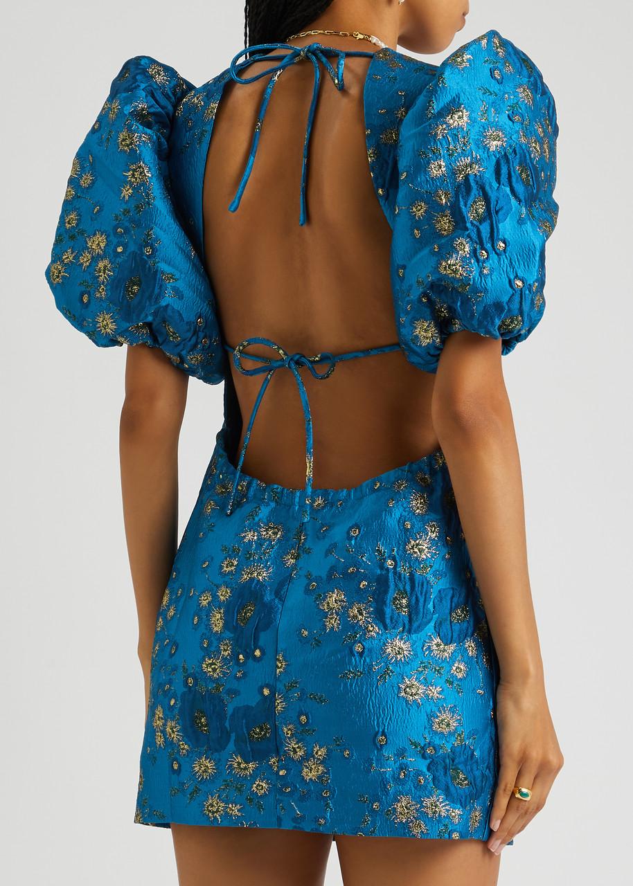 ganni 3d jacquard ruffle midi dress Brilliant Blue 3D Jacquard Ruffle Midi Dress