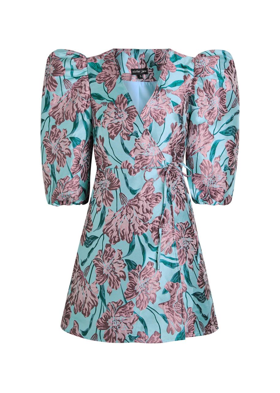 Sister Jane Deco Bloom Floral-Jacquard Woven Mini Wrap Dress in