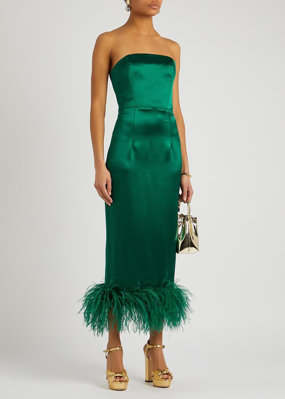 16Arlington Minelli Emerald Feather-trimmed Satin Midi Dress in Green | Lyst