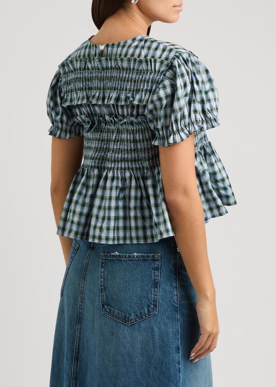 Sister Jane Arabella Checked Puff-Sleeve Woven Top in Blue