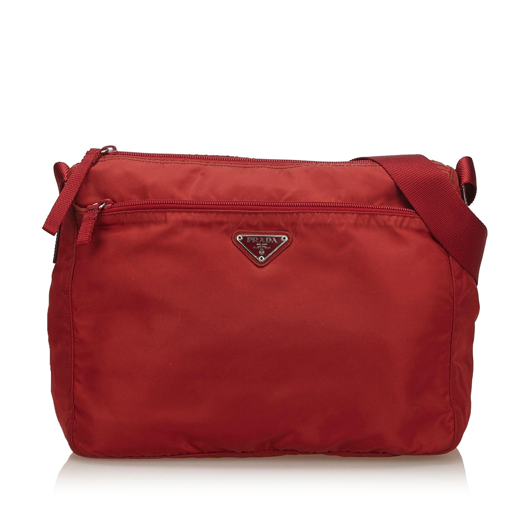 Prada Vitello Daino Tan Leather Shoulder Handbag with Silver and Blue Nylon  Web Striped Strap 1BC052: Handbags