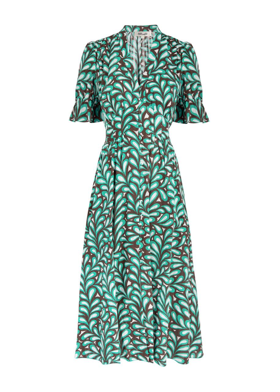 Diane von Furstenberg Erica Printed Cotton Midi Dress in Green
