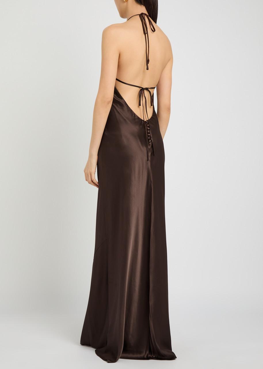 green emerald velvet dress Reformation Ronda Praline Silk Charmeuse Maxi Dress – The Closet New York