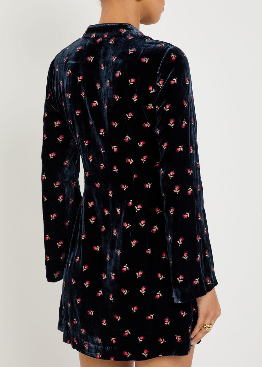 rixo calla velvet mini dress RIXO London Calla Floral-Embroidered Velvet Mini Dress in Blue