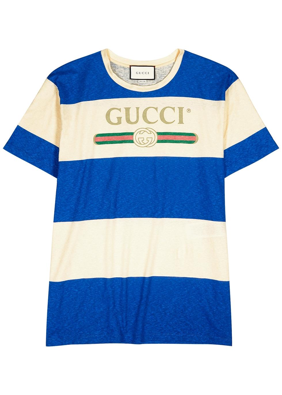 Gucci Striped Logo-print Cotton-blend T-shirt in Blue for Men - Lyst