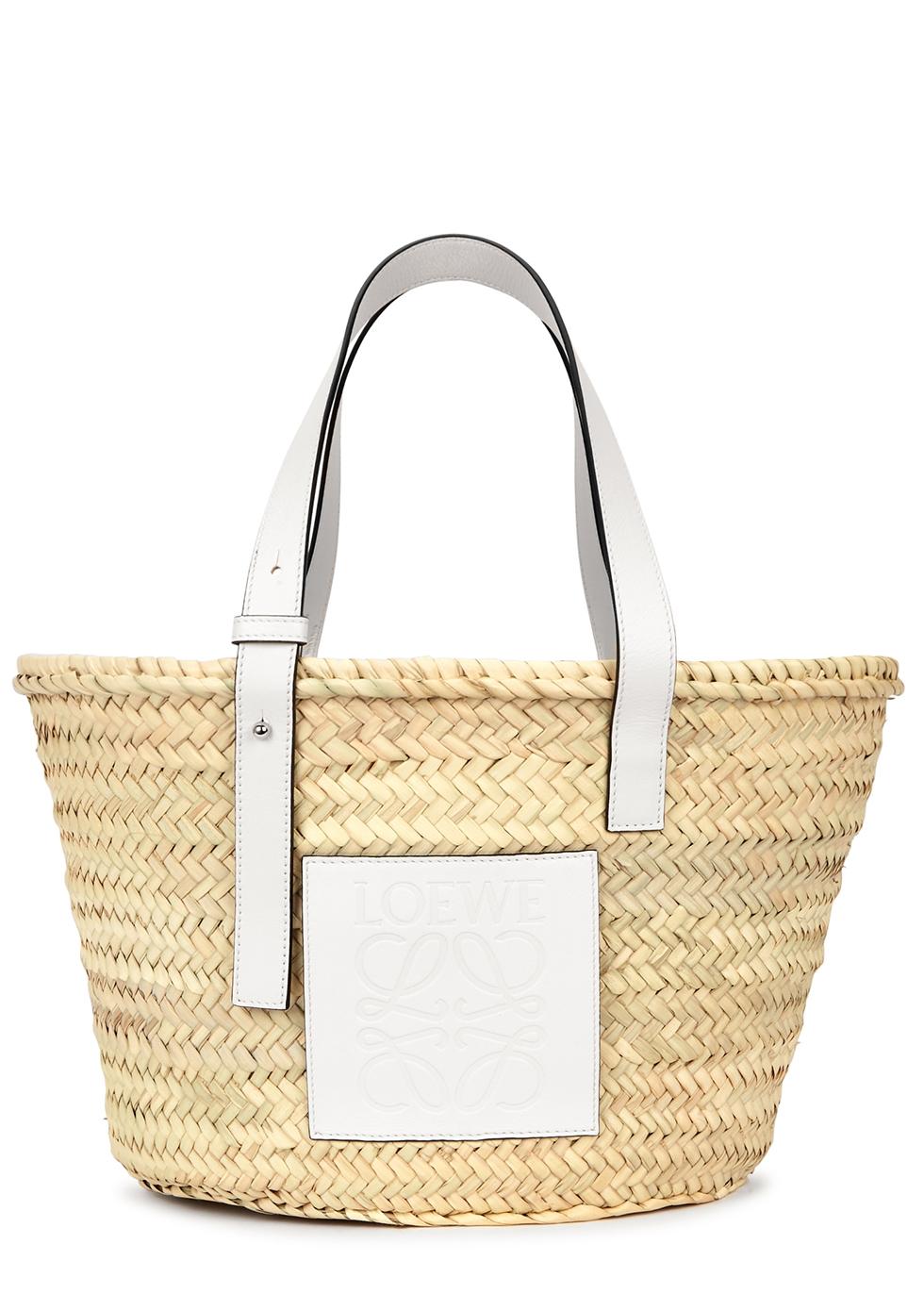 Loewe Medium White Leather And Raffia Basket Bag - Lyst