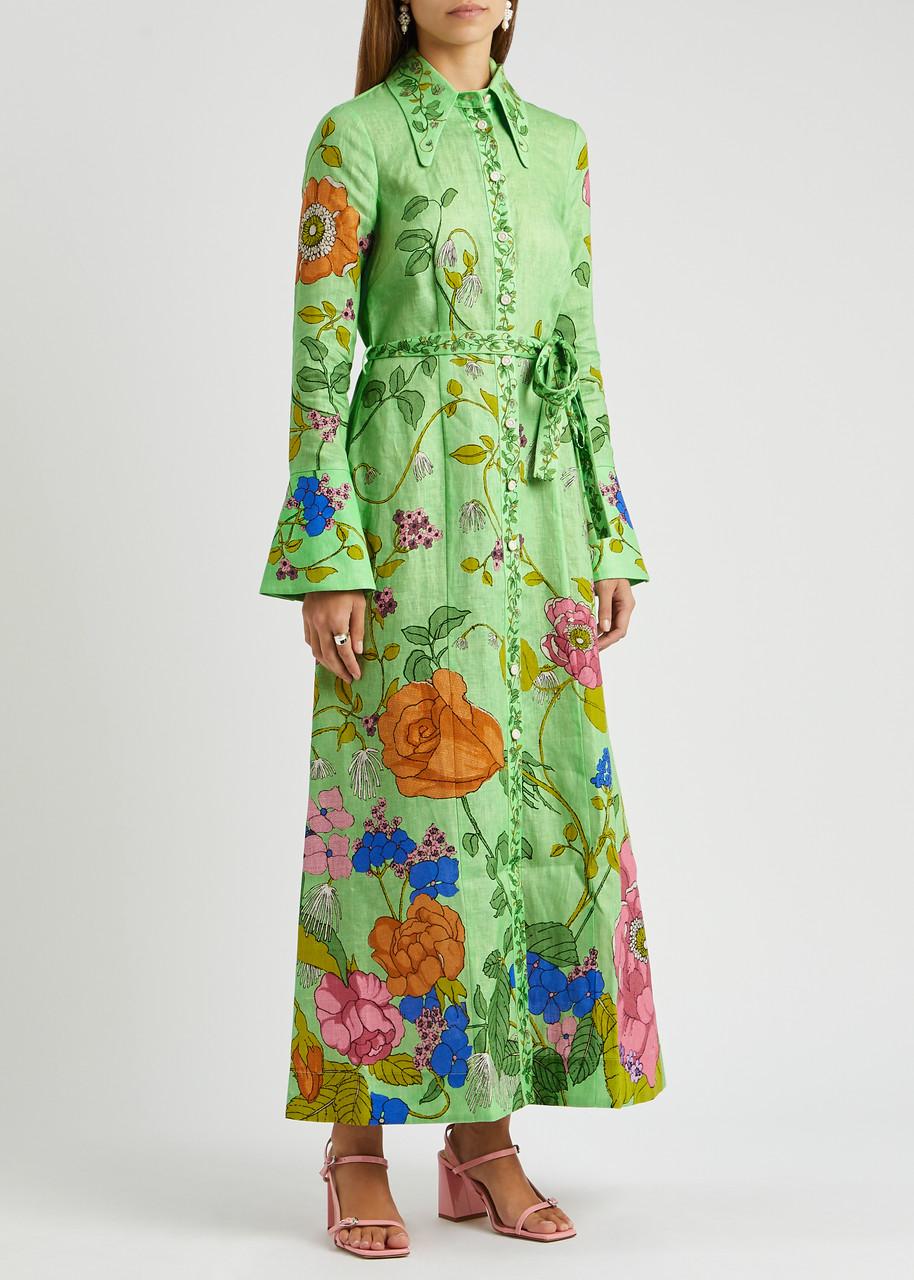 ALMAIS Olivia Floral-print Linen Maxi Shirt Dress in Green | Lyst