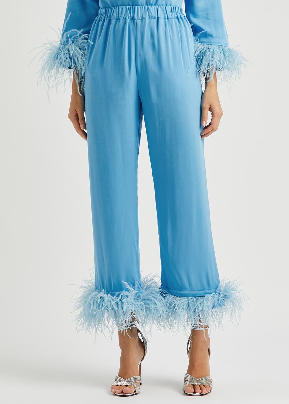 Womens Sleeper blue Feather-Trimmed Party Pyjama Set