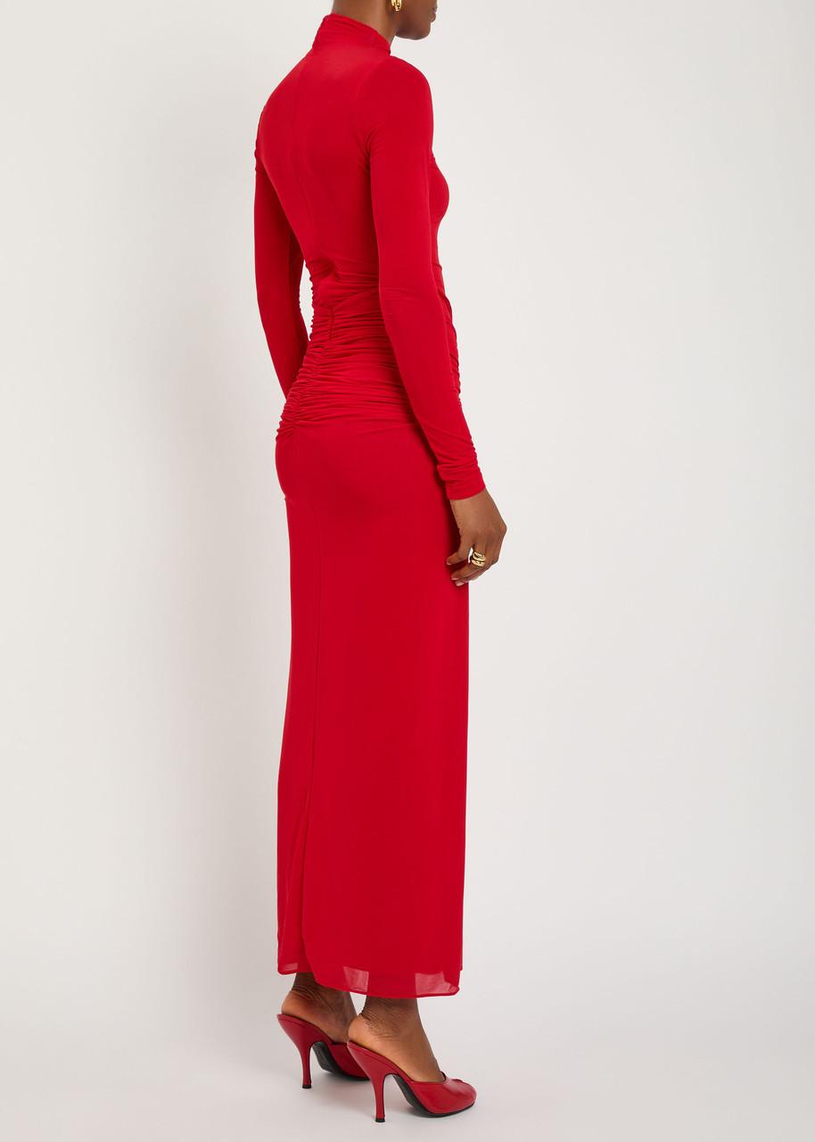Ronny Kobo Scorpio Ruched Stretch-Mesh Midi Dress in Red | Lyst