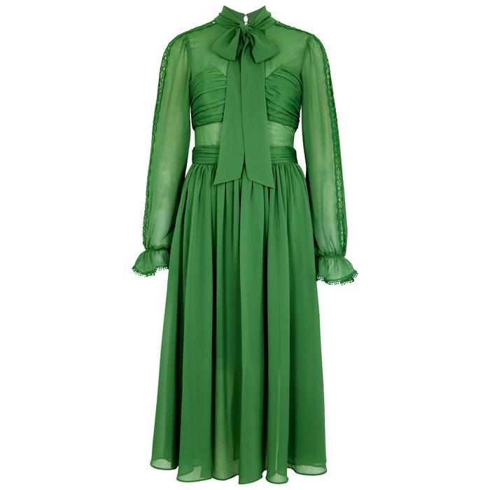 Self-Portrait Chiffon Pussy Bow Dress in Green | Lyst UK