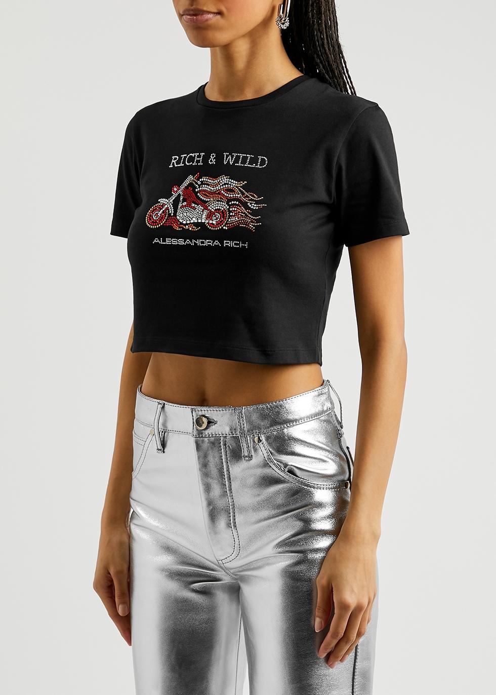 Alessandra Rich Rich & Wild Embellished Cropped Cotton T-shirt in Black |  Lyst