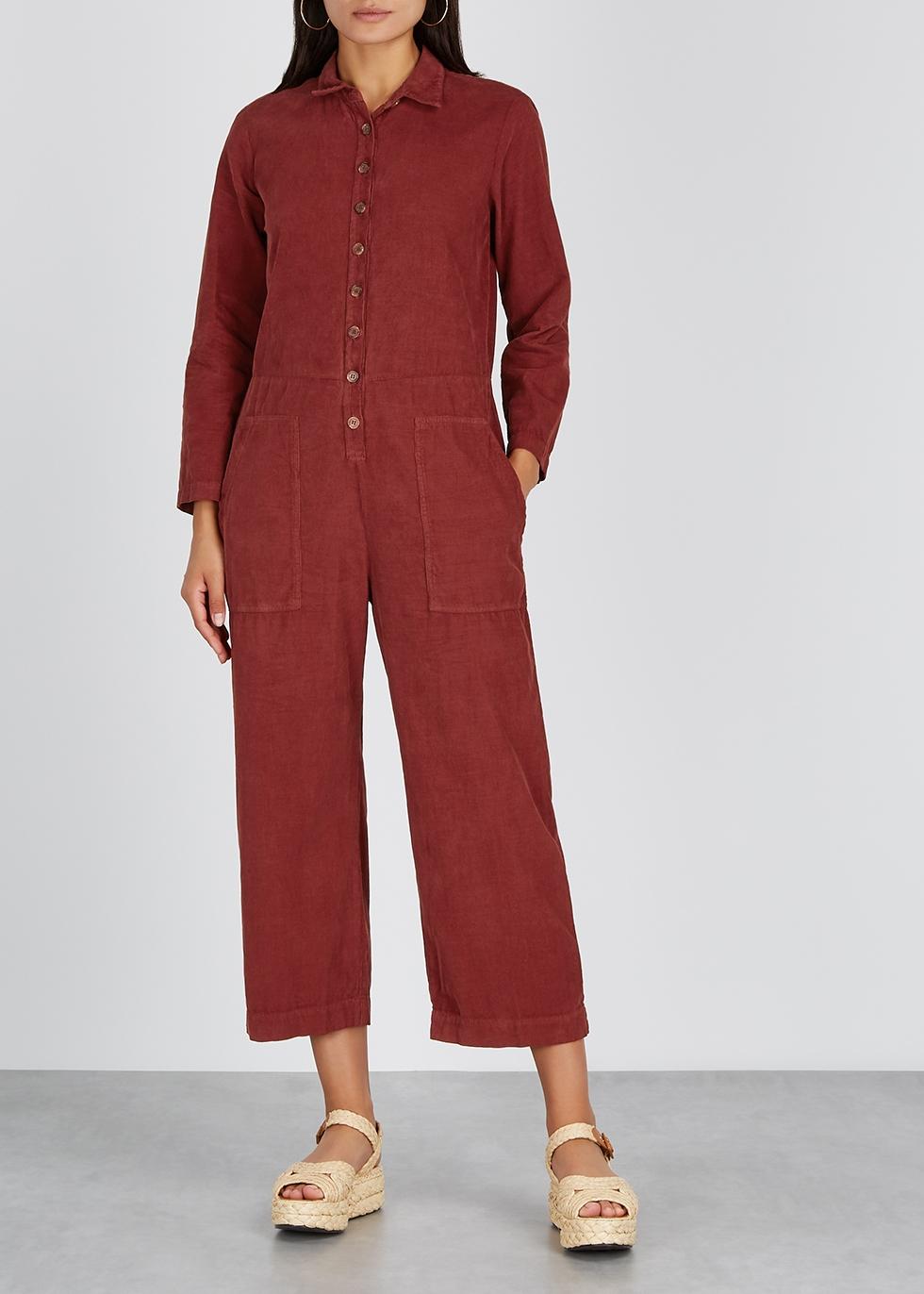 red corduroy jumpsuit