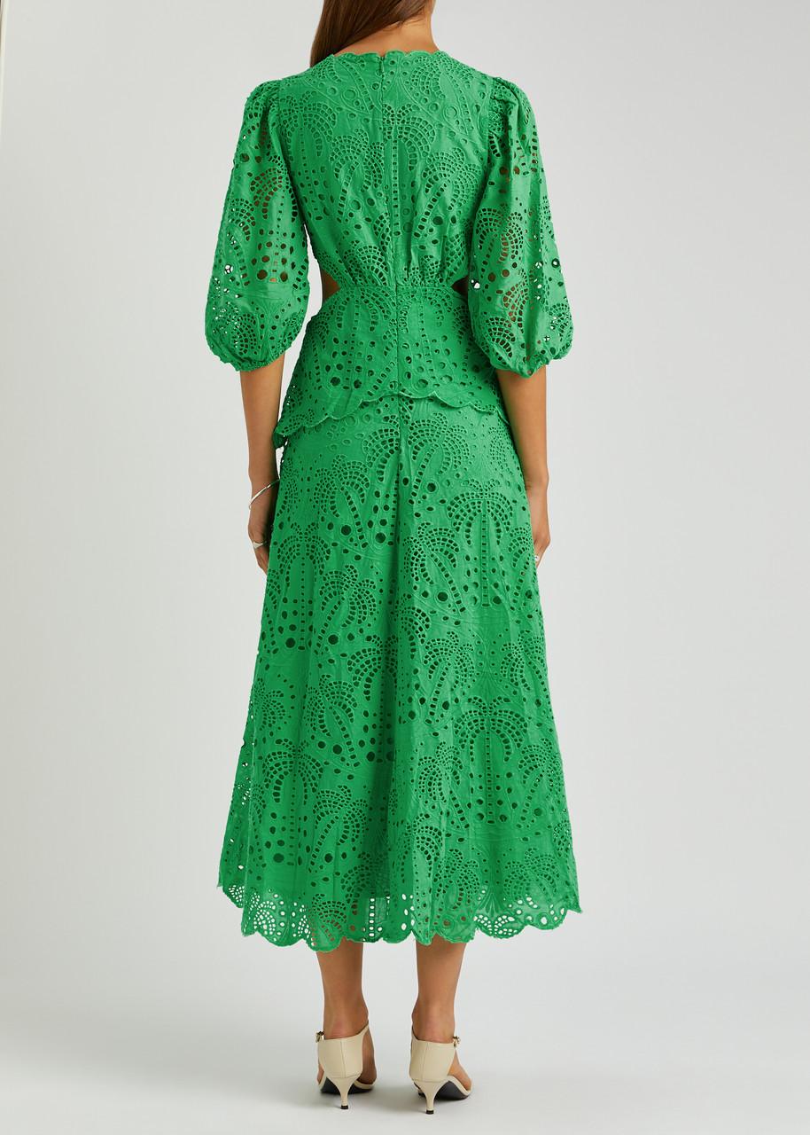 FARM Rio Richelieu Broderie Anglaise Cotton Dress in Green | Lyst UK