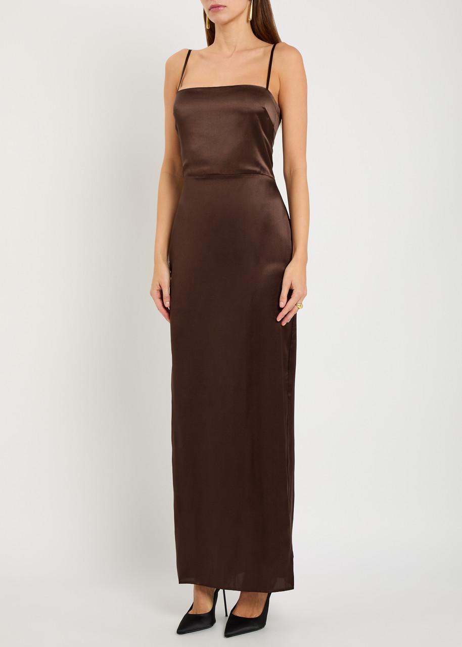 Reformation Frankie Silk Maxi Dress in Brown | Lyst