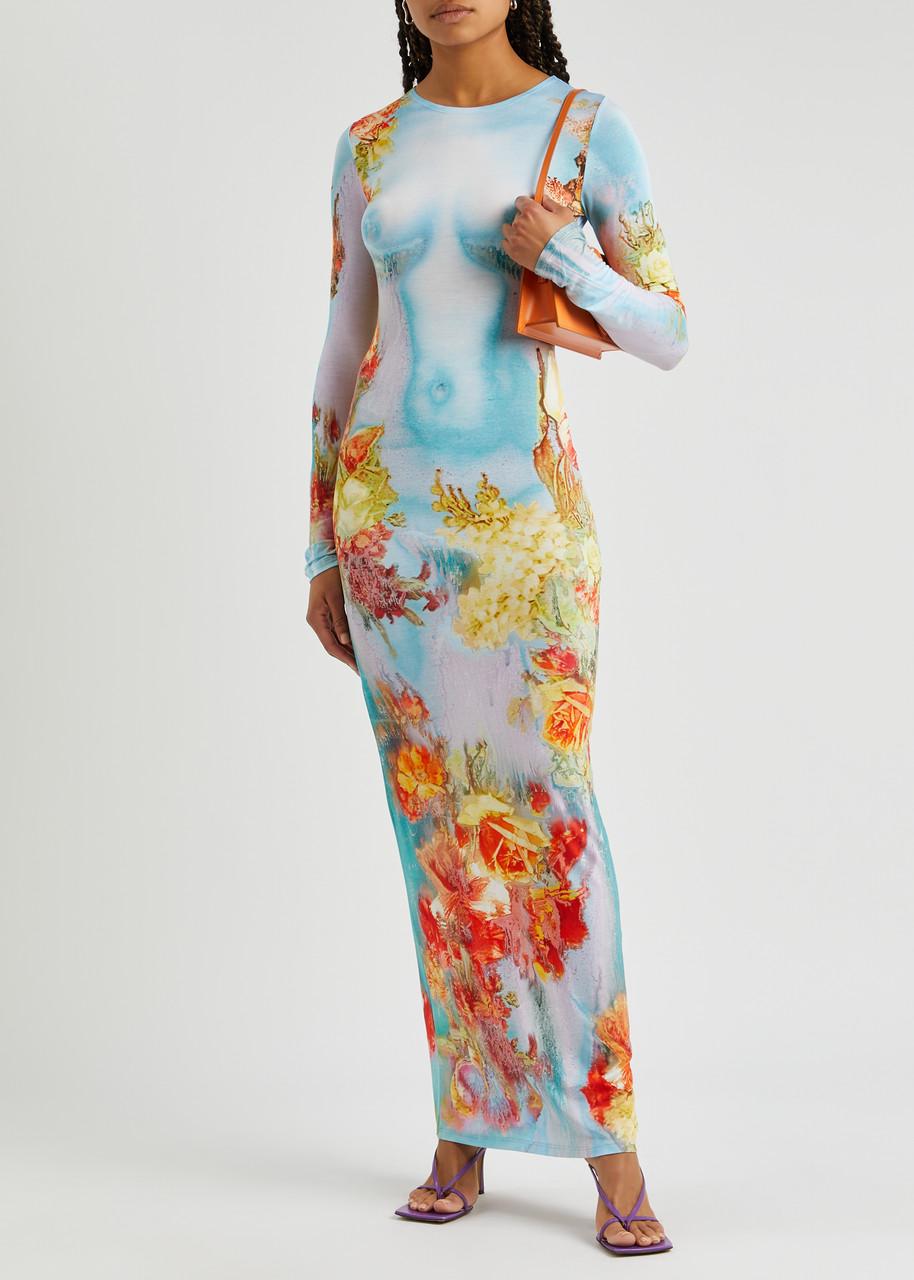 knee length dresses for ladies Jean Paul Gaultier Jersey Long Sleeves Dress in Body Morphing Flowers