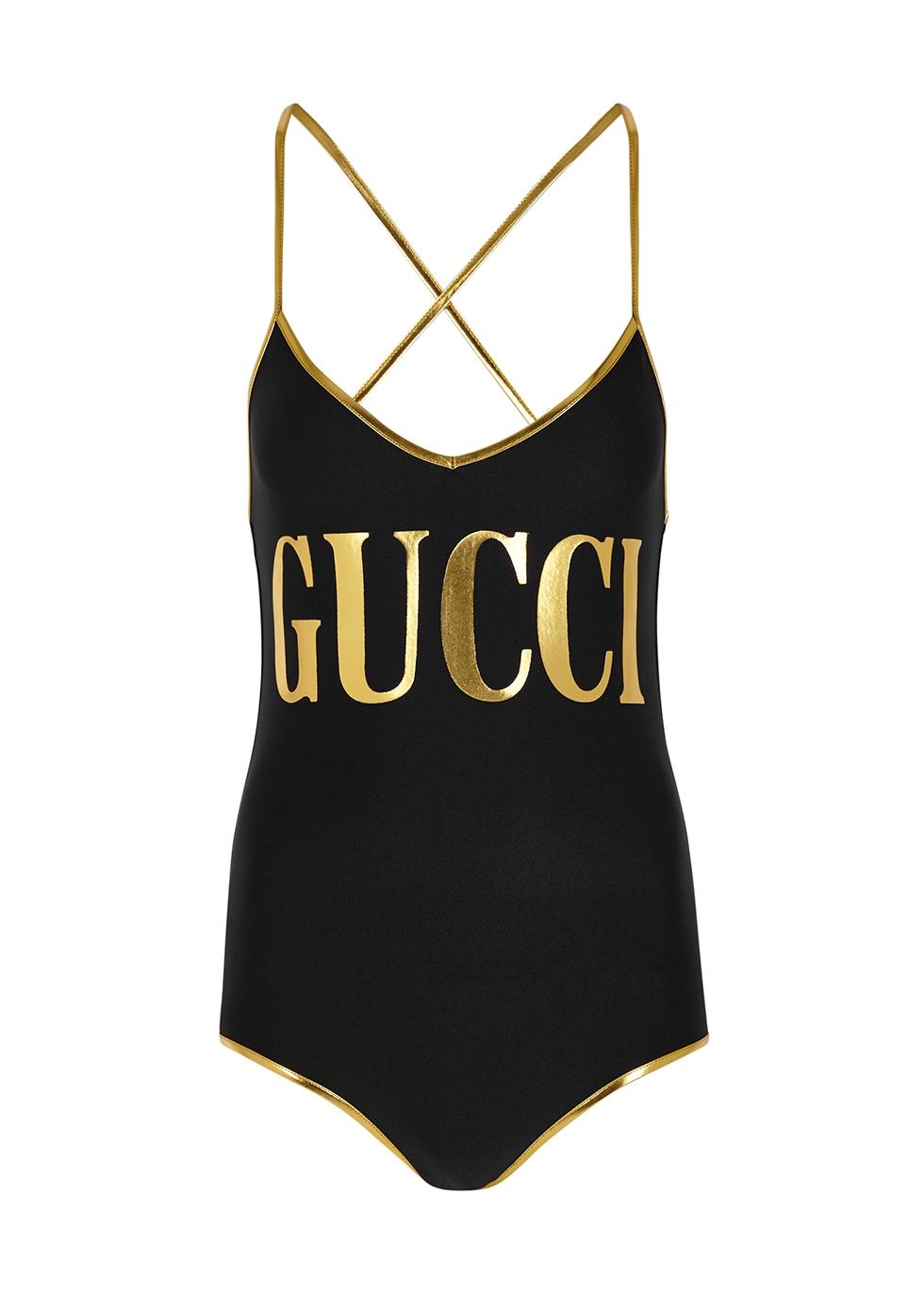 Gucci Synthetic Logo One-piece Swimsuit in Black | Lyst