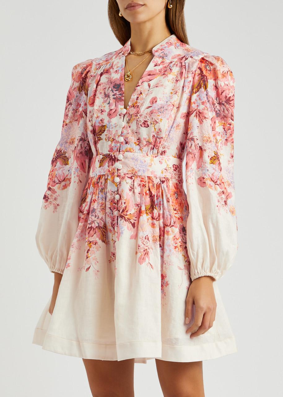 knee length dresses for ladies Fabienne Neutral Floral Print Mini Dress, M / Neutrals
