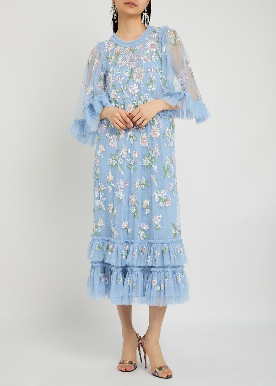 Needle & Thread Gloss Floral-Embellished Tulle Midi Dress in Blue | Lyst UK