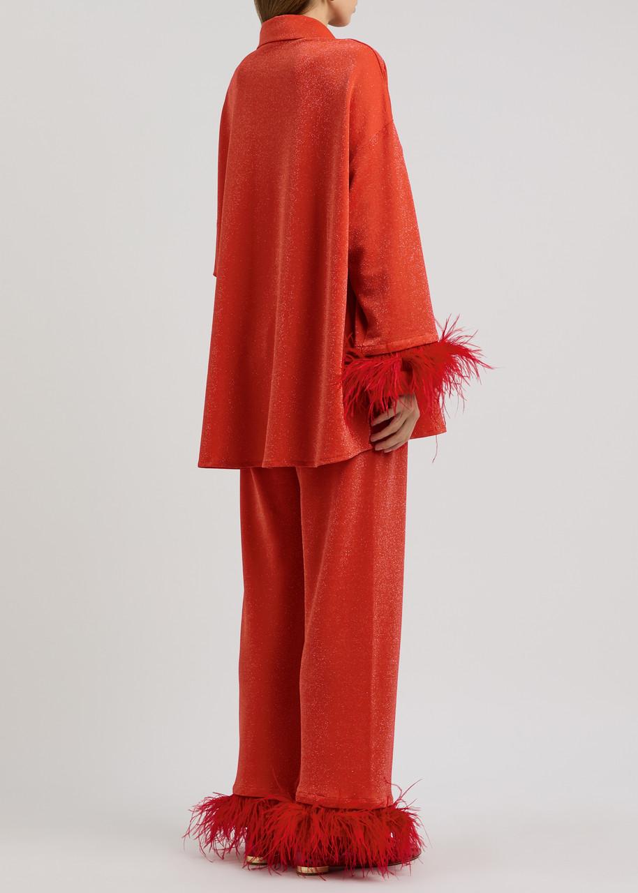 Sleeper Cosmos Feather-Trimmed Metallic Jersey Pyjama Set in Red