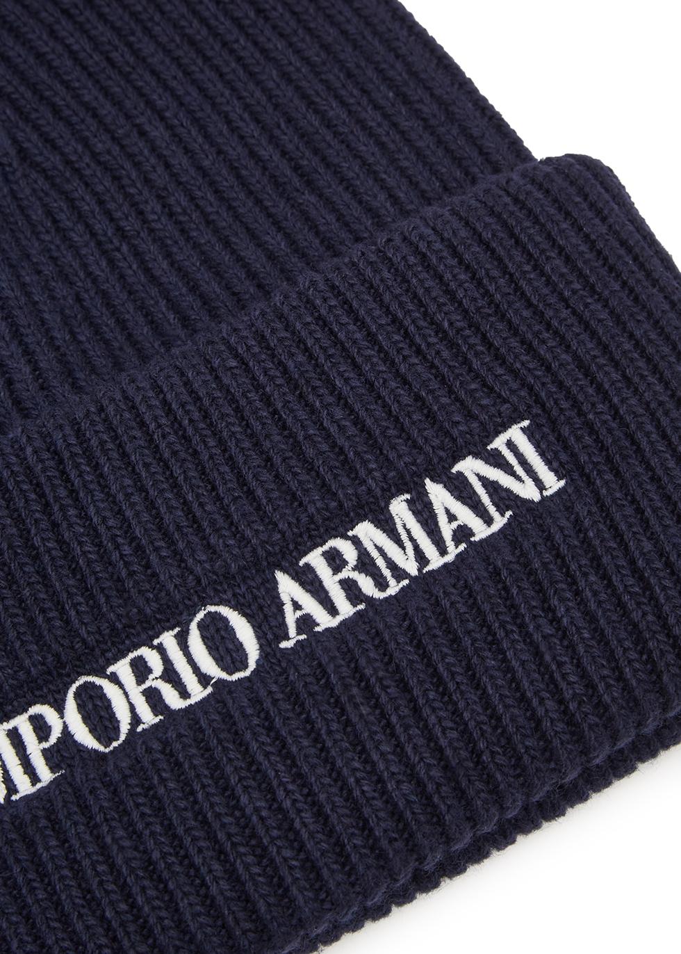 Emporio Armani Synthetic Navy Logo-embroidered Ribbed Beanie in Blue ...