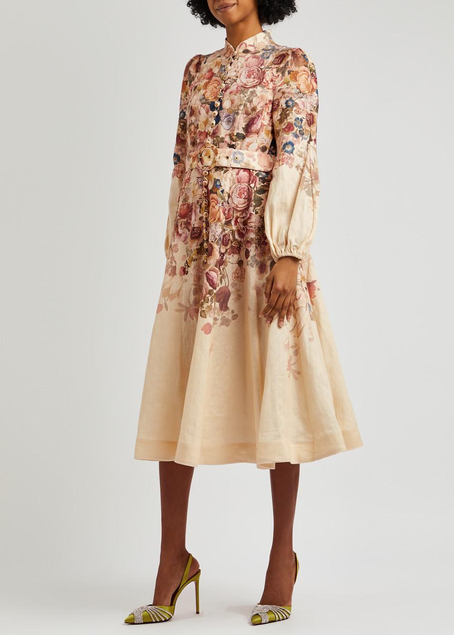 knee length dresses for ladies ZIMMERMANN FLORAL PRINT LINEN MIDI DRESS – Caroline's Fashion Luxuries