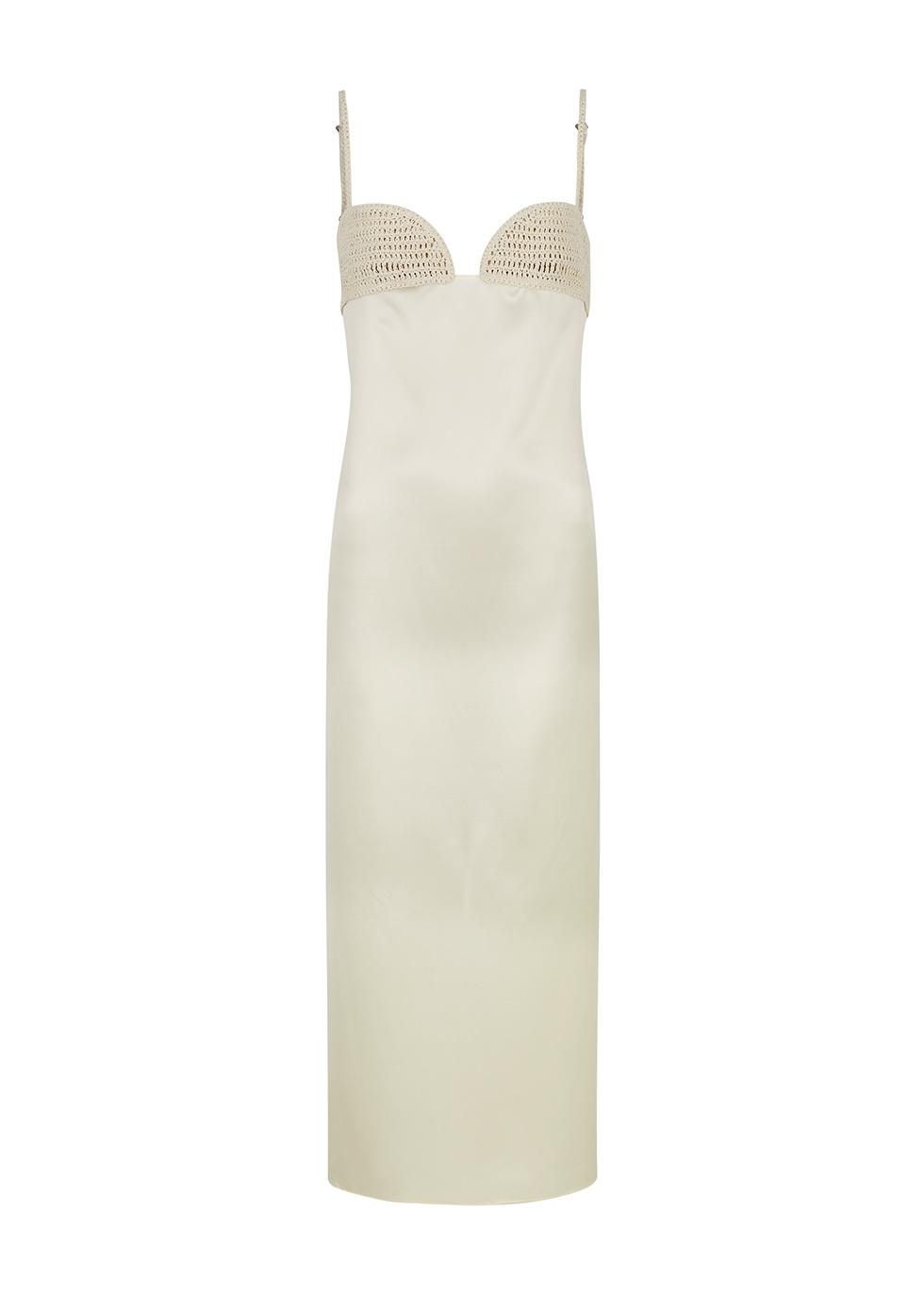 Magda Butrym Crochet-trimmed Silk-blend Satin Midi Dress in White | Lyst