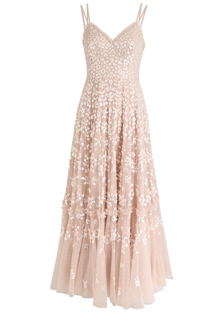 maeve sequined tulle midi dress Needle & Thread Maeve Sequin-Embellished Tulle Gown in Pink