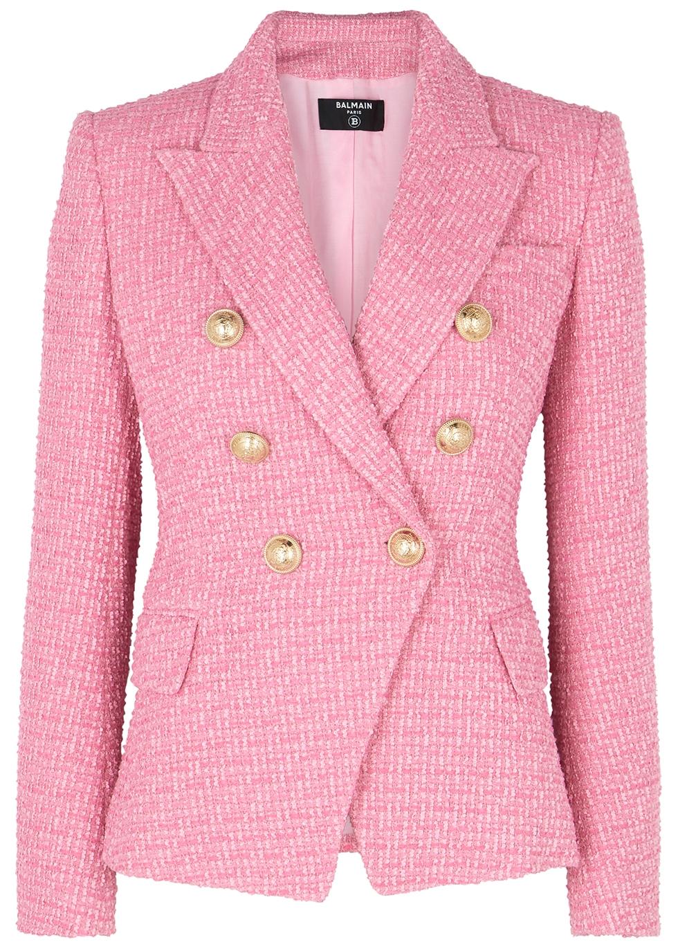 Balmain Pink Double-breasted Bouclé Tweed Blazer - Lyst