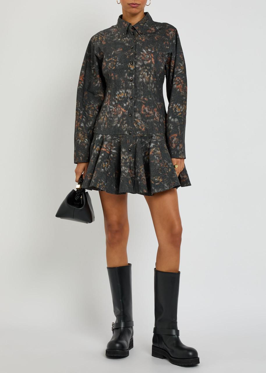 ganni printed cotton mini shirt dress Ganni Printed Stretch Cotton Mini Shirt Dress (GNAA1030184859) - Short  Dresses