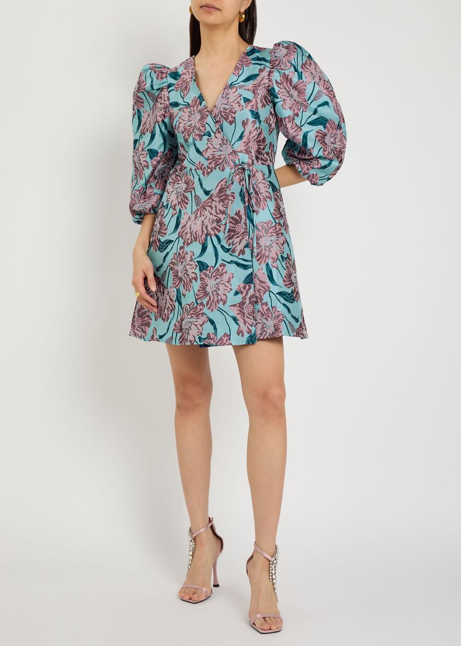 Sister Jane Deco Bloom Floral-Jacquard Woven Mini Wrap Dress in