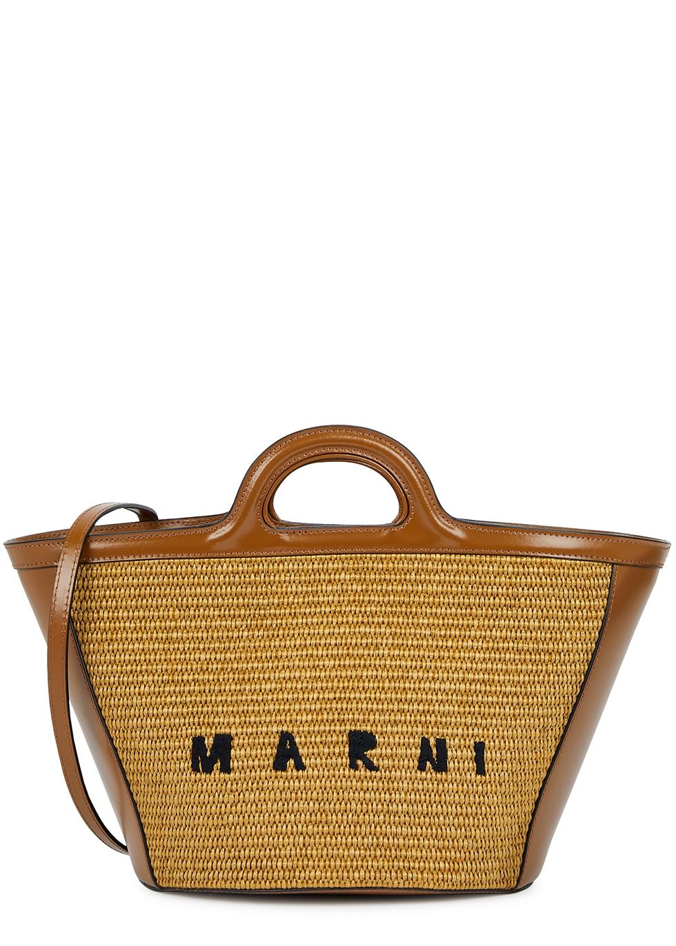 Marni Tropicalia Small Leather And Raffia Bucket Bag in Brown | Lyst