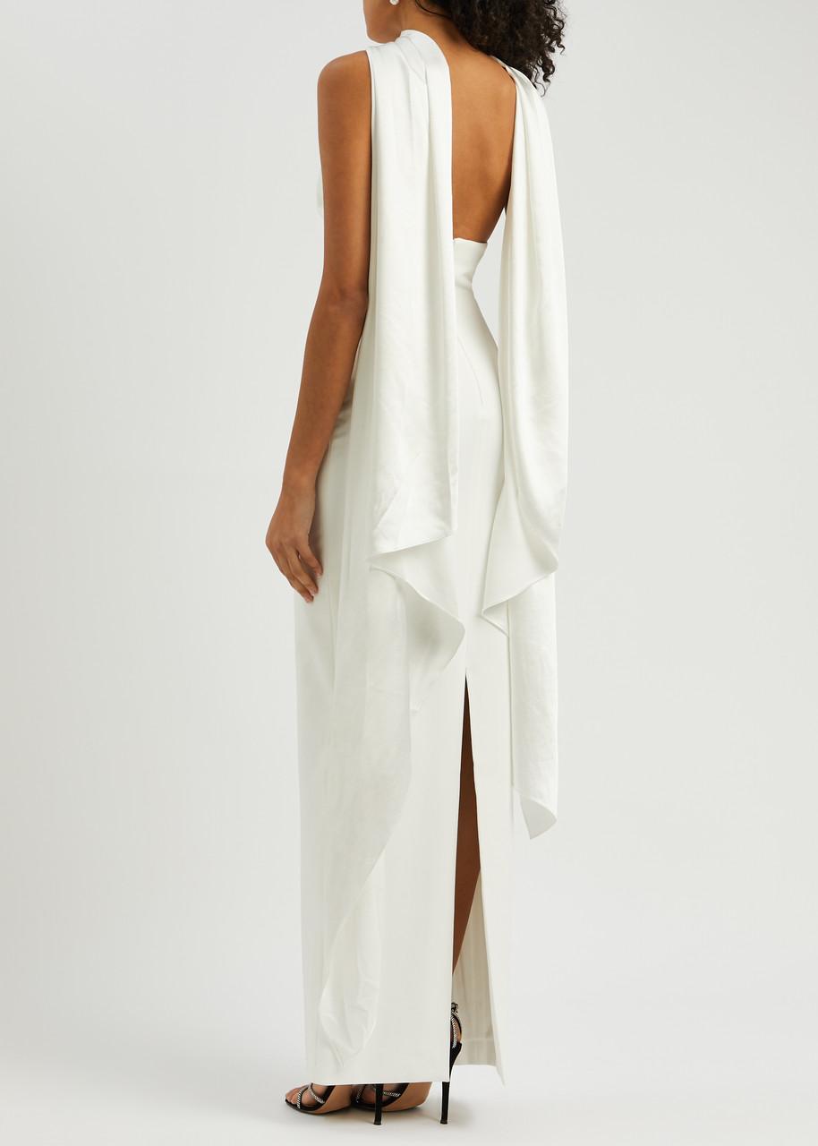 knee length dresses for ladies Sheril Asymmetric Scarf-Detail Maxi Dress in Ivory