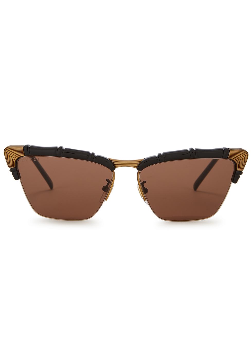 Gucci Bamboo-effect Cat-eye Sunglasses in Black Gold/Brown 