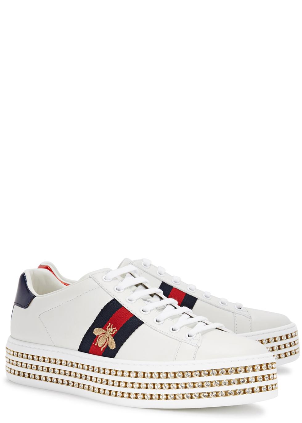 Gucci Leather Ace Crystal-embellished Flatform Sneakers in White - Lyst