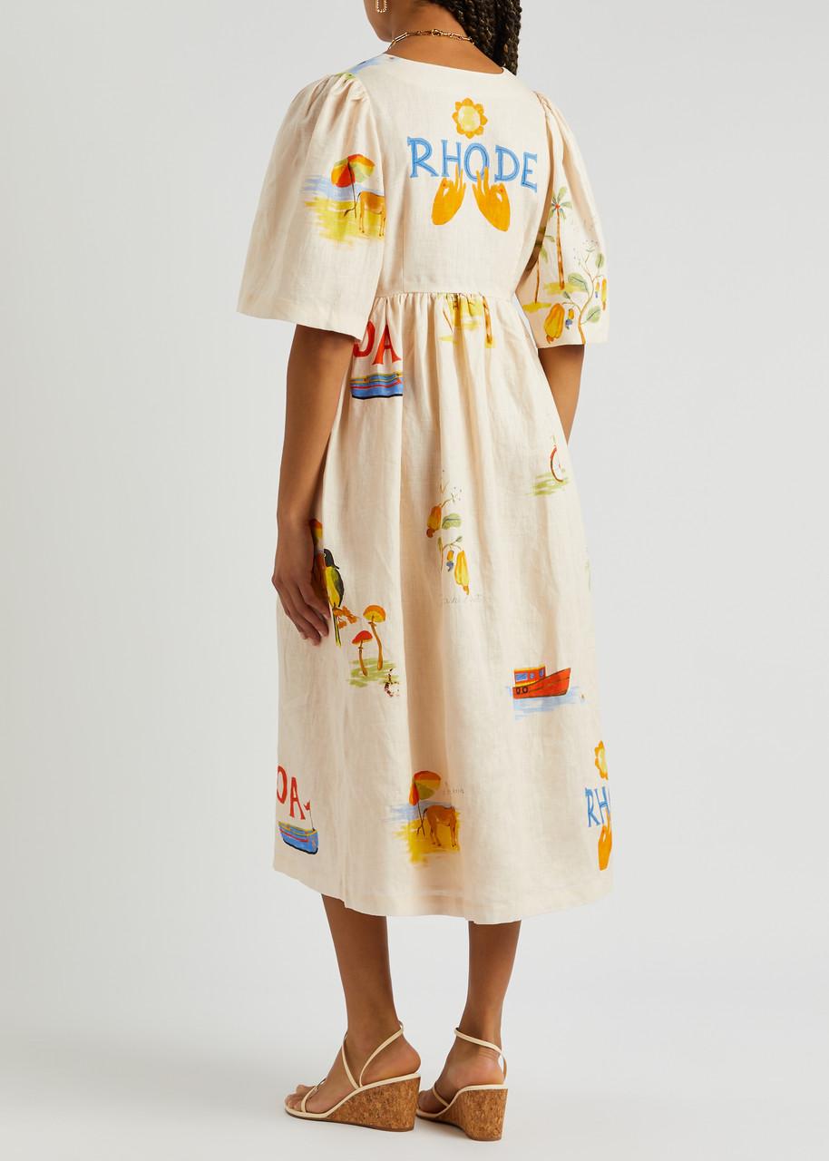 RHODE Karline Printed Linen Midi Dress in Metallic | Lyst