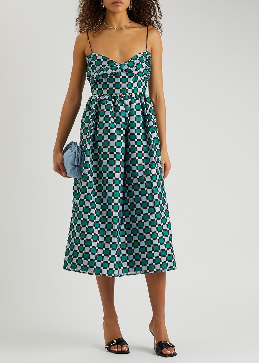 Stine Goya Arya Checked Organza Midi Dress in Green | Lyst