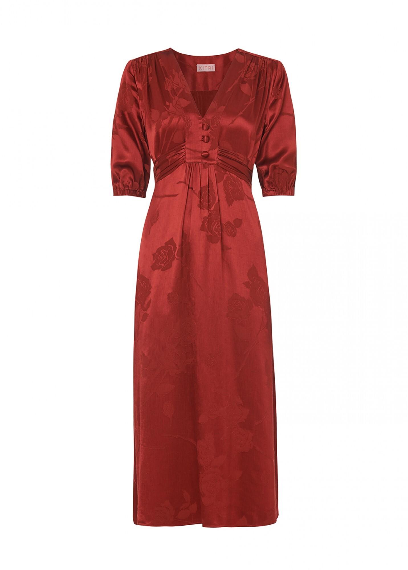 rust spot print satin frill midi tea dress