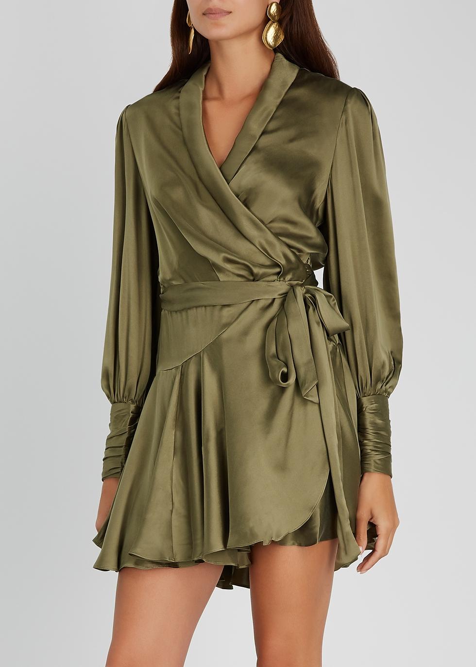 Zimmermann Olive Silk-satin Wrap Dress in Light Green (Green) | Lyst