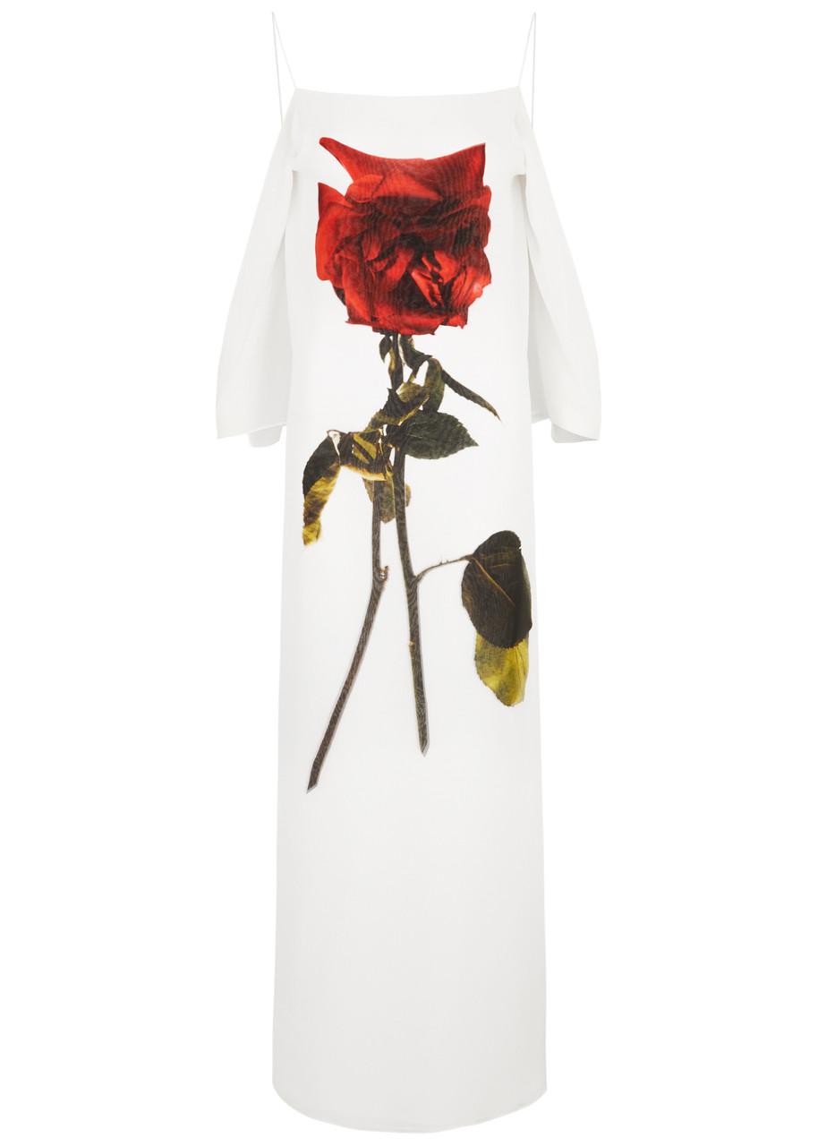 McQueen Rose-Print Silk-Georgette Maxi Dress in White Lyst