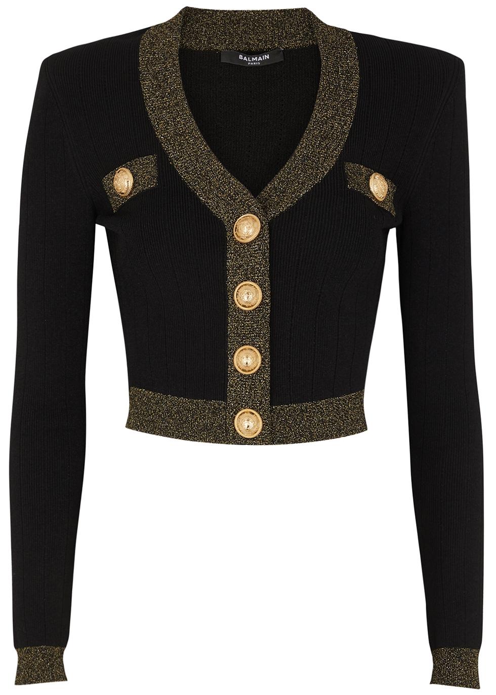 Balmain Cropped Metallic Ribbed-knit Cardigan in Black | Lyst