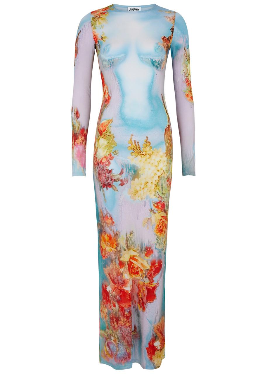 Jean Paul Gaultier Body Flowers Stretch-Jersey Maxi Dress in Blue