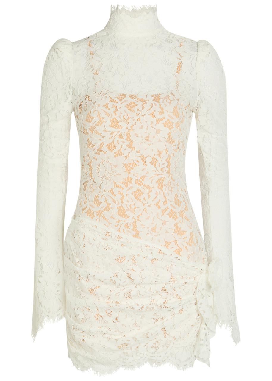 knee length dresses for ladies Summer Bloom Balloon Sleeve Lace Overlay Mini Dress White