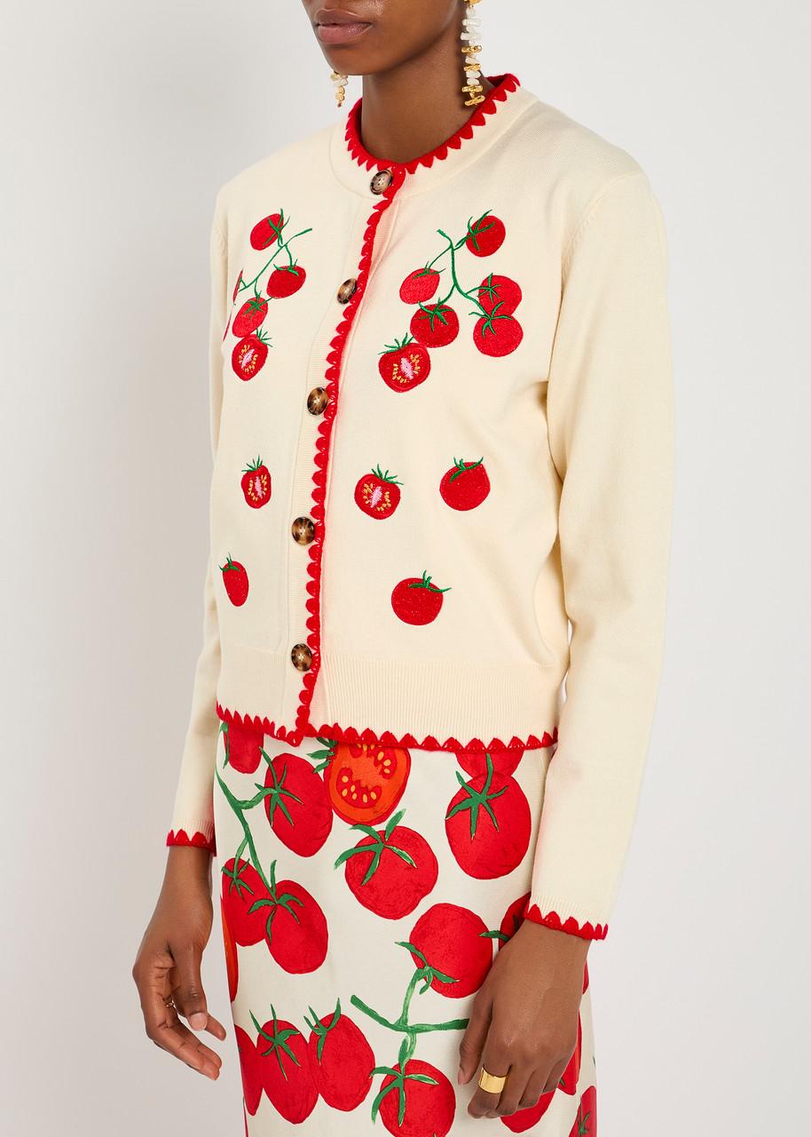Never Fully Dressed Tomato Embroidered Knit Cardigan in Pink | Lyst