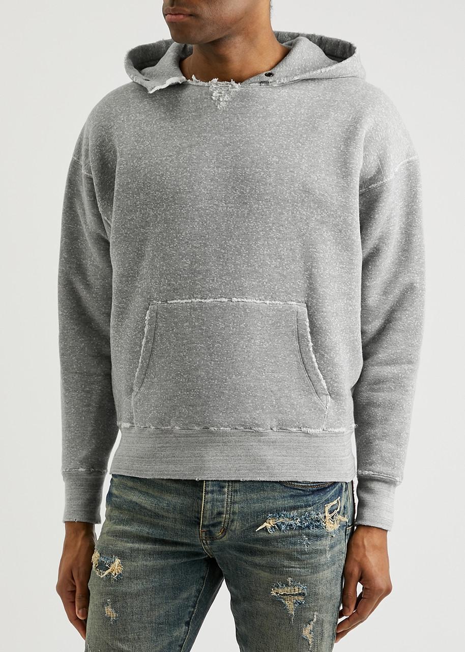 Saint Laurent Distressed Hooded Cotton Sweatshirt in Grey for Men