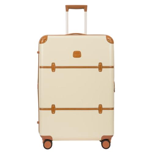 white suitcase with brown trim